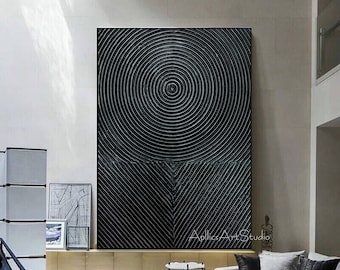 Gran pintura abstracta negra de empasto: arte mural texturizado en 3D
