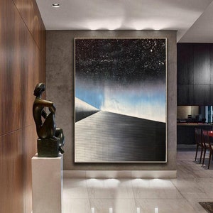Large Geometric Oil Painting: Black, White, and Blue Canvas Art
