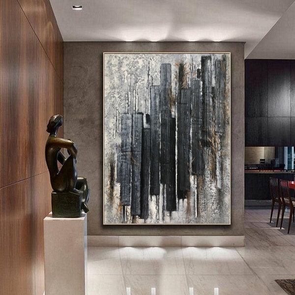 large canvas wall art, black painting, black abstract wall art,abstract painting original large,3D textured wall art, impasto painting W140