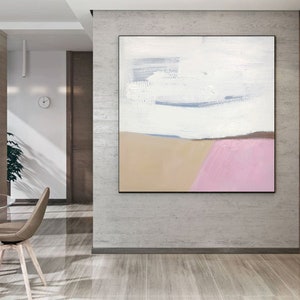 May include: Abstract painting with a white background, light blue and brown accents, and a pink stripe at the bottom.