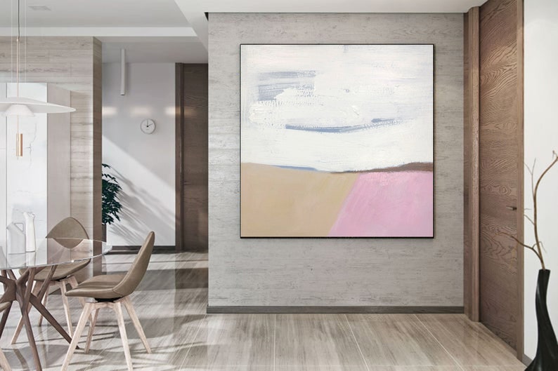 May include: Abstract painting with a white background, light blue and brown accents, and a pink stripe at the bottom.