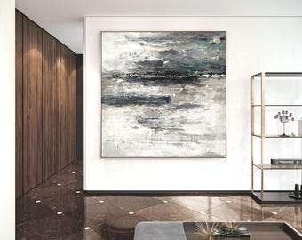 Extra Large Abstract Oil Painting – Large Modern Textured Canvas Wall Art in White, Grey, Black & Teal W15