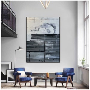 Handmade Abstract Painting: Black, Silver & Gray Minimalist Wall Art