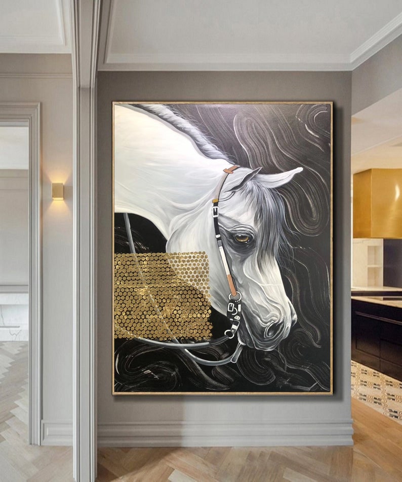 May include: A white horse's head with a black bridle and gold accents is painted against a black and white background. The horse's eye is visible, and the painting has a modern abstract style.
