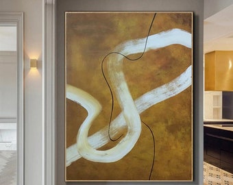 Large Yellow Abstract Oil Painting – Textured Line Art on Canvas, Modern Wall Decor W161