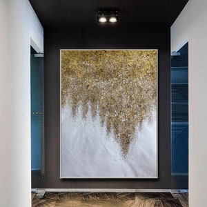 Gold Leaf Painting, Large Wall Art, Gold Wall Decor, Texture Wall Art, Over the Bed Decor, Original Abstract Painting, Gold line Art W121