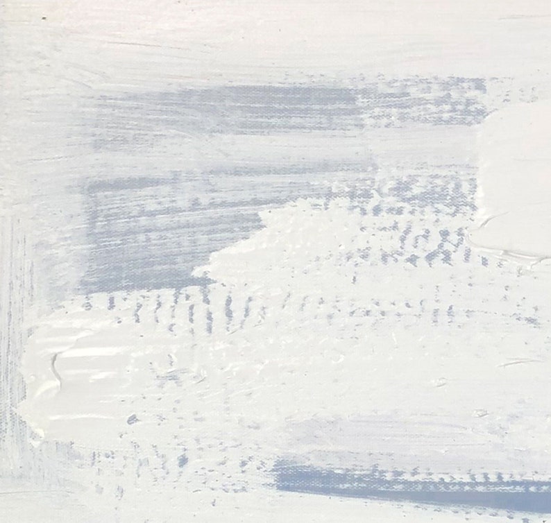 May include: Abstract painting with white and light blue paint strokes. The paint is applied in a thick, textured layer, creating a sense of depth and movement.