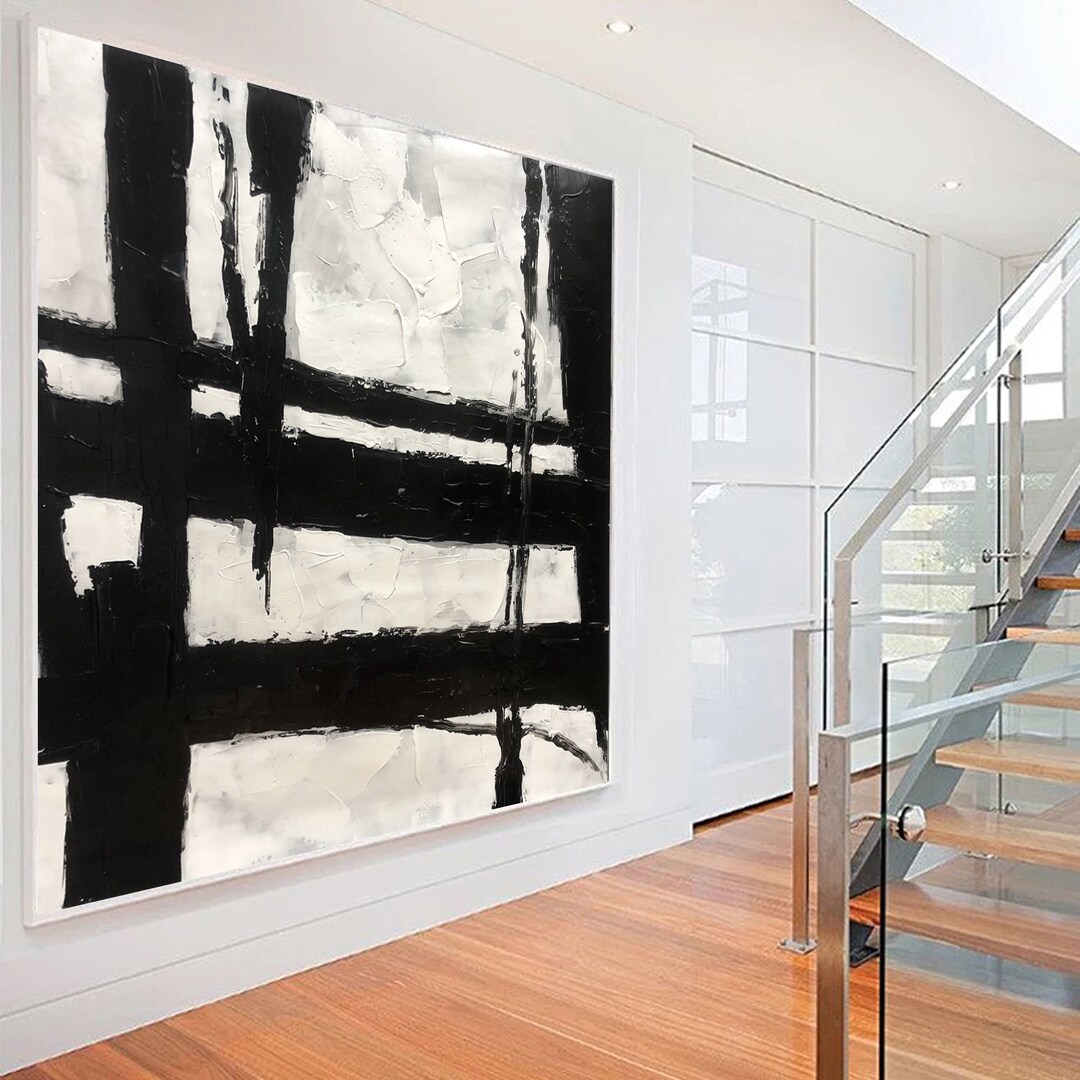 Extra Large Black & White Abstract Painting – Modern Minimalist Hand ...