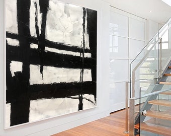 Extra groot zwart-wit abstract schilderij – moderne minimalistische handgeschilderde canvas muurkunst W8