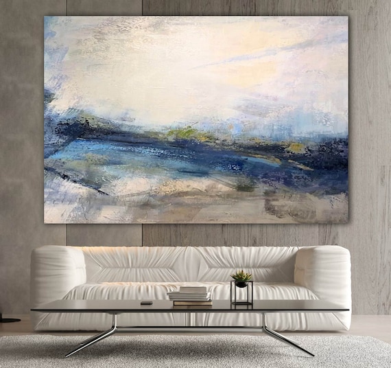 Abstrakte Leinwand-Wandkunst, 20x40 Cm – Modernes Gemälde In Blau, Grau, Schwarz & Weiß