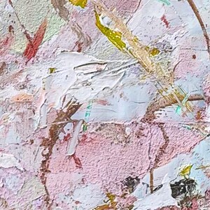 May include: Abstract painting with a pink, white, and brown color scheme. The paint is applied in thick layers, creating a textured surface. The painting is full of movement and energy.