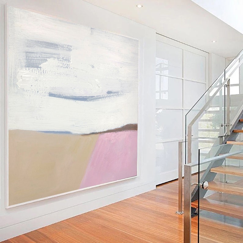 May include: Abstract painting with a white background, a light blue horizontal line, and a beige and pink landscape at the bottom.