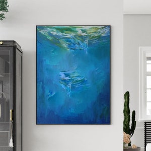 Large Blue Abstract Seascape Painting: Minimalist Wall Art