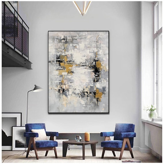 Grand tableau abstrait moderne gris jaune pour salon / salle à