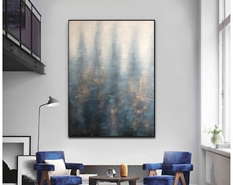 May include: Abstract painting with a blue and white color scheme. The painting is hanging on a white wall in a living room setting with two blue armchairs and a coffee table.