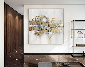 Pittura astratta extra large, pittura su tela astratta, arte a mano in foglia d'oro acrilica, dipinti d'arte extra large, pittura in oro W101