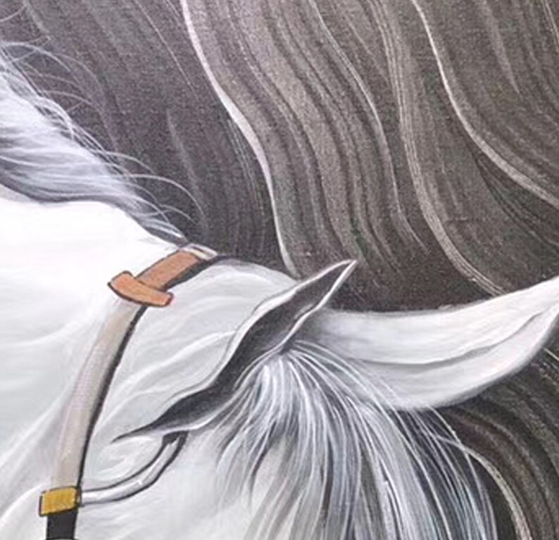 May include: Close-up of a white horse's head with a brown leather bridle. The horse's mane is flowing and the background is a dark gray.