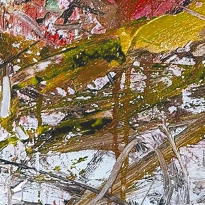 May include: Abstract painting with a mix of brown, yellow, green, and white paint. The paint is applied in thick strokes, creating a textured surface.