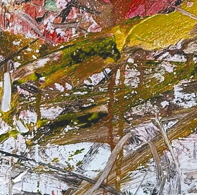 May include: Abstract painting with a mix of brown, yellow, green, and white paint. The paint is applied in thick strokes, creating a textured surface.