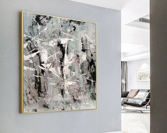 Extra groot zwart-wit abstract schilderij – moderne minimalistische handgeschilderde canvas muurkunst W11