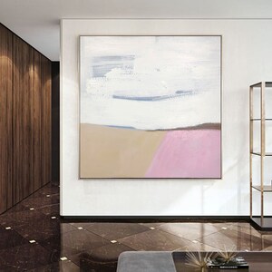May include: Abstract painting with a white background, light blue brushstrokes, and a pink and beige landscape at the bottom.