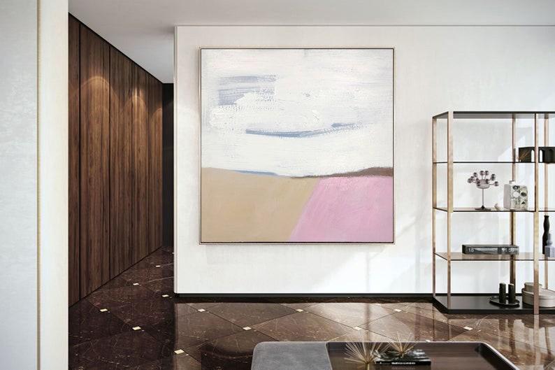 May include: Abstract painting with a white background, light blue brushstrokes, and a pink and beige landscape at the bottom.