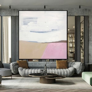 May include: Abstract painting with a white background, light blue and brown accents, and a pink stripe at the bottom.