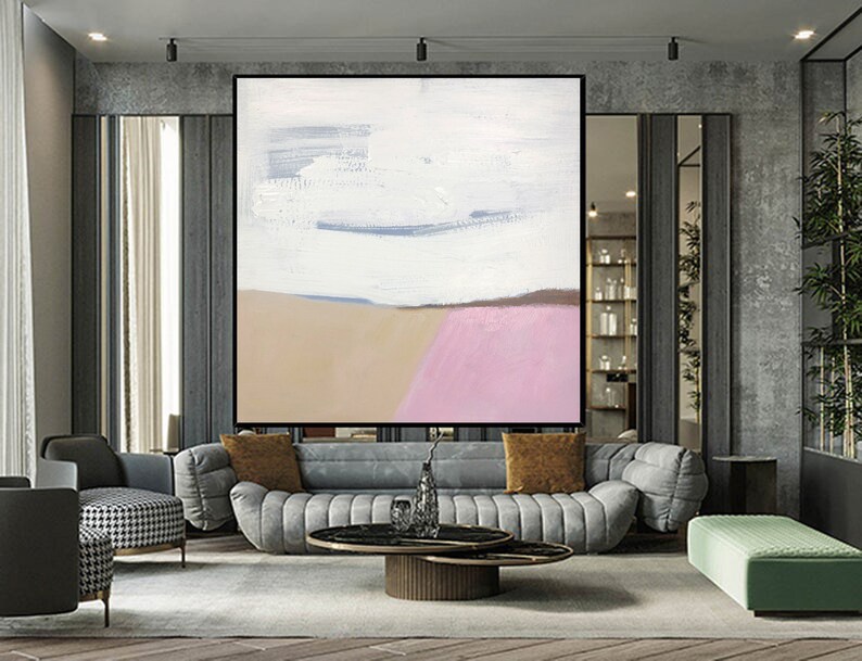 May include: Abstract painting with a white background, light blue and brown accents, and a pink stripe at the bottom.
