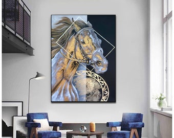 Abstract olieverfschilderij goud rennend paard – getextureerde ruitermuurkunst op canvas, modern statement-kunstwerk W183