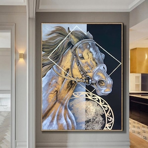 Abstract Gold Horse Oil Painting: Textured Running Horse Art