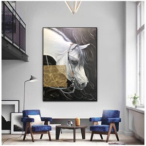 May include: A painting of a white horse's head with a brown leather bridle. The horse's head is turned to the side, and its eye is visible. The background is black with gold accents.