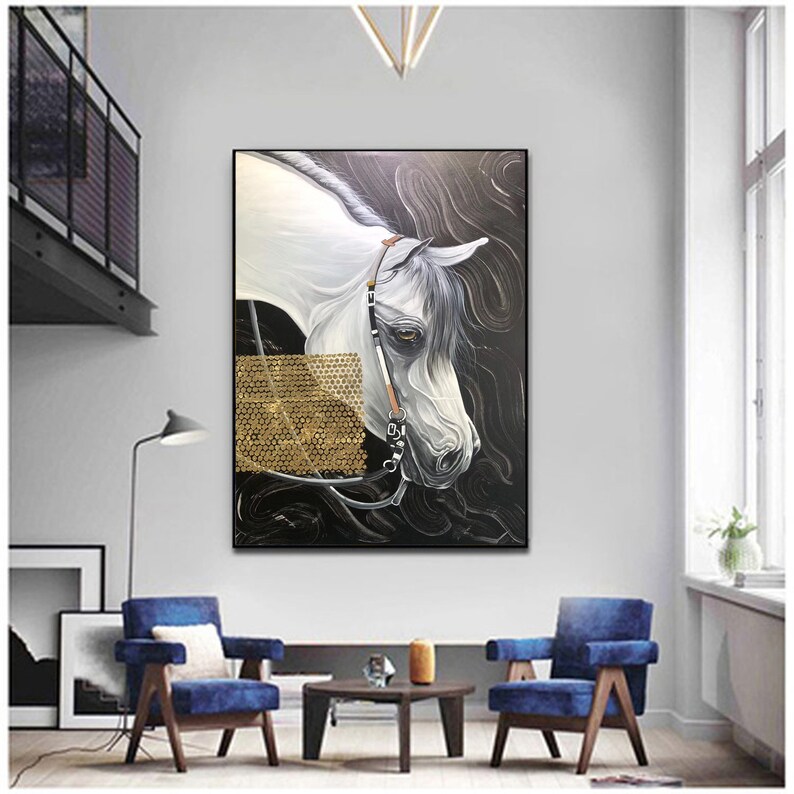 May include: A painting of a white horse's head with a brown leather bridle. The horse's head is turned to the side, and its eye is visible. The background is black with gold accents.