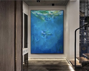 Extra Large Blue Abstract Seascape Painting – Modern Minimalist Canvas Wall Art