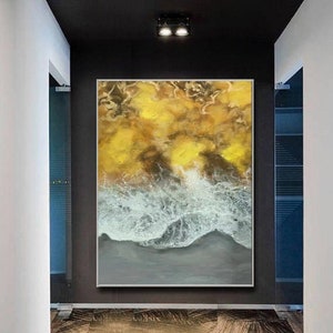 Large Yellow Abstract Oil Painting on Canvas: Modern Wall Art