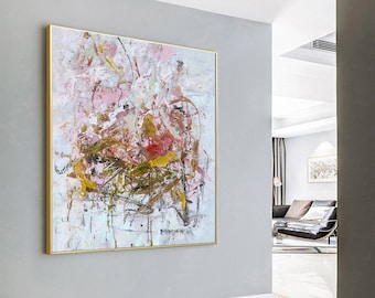 Grande dipinto astratto da parete, grande tela artistica, dipinto a mano, dipinto su tela rosa, dipinto su tela, arte murale per soggiorno, tela artistica da parete W100