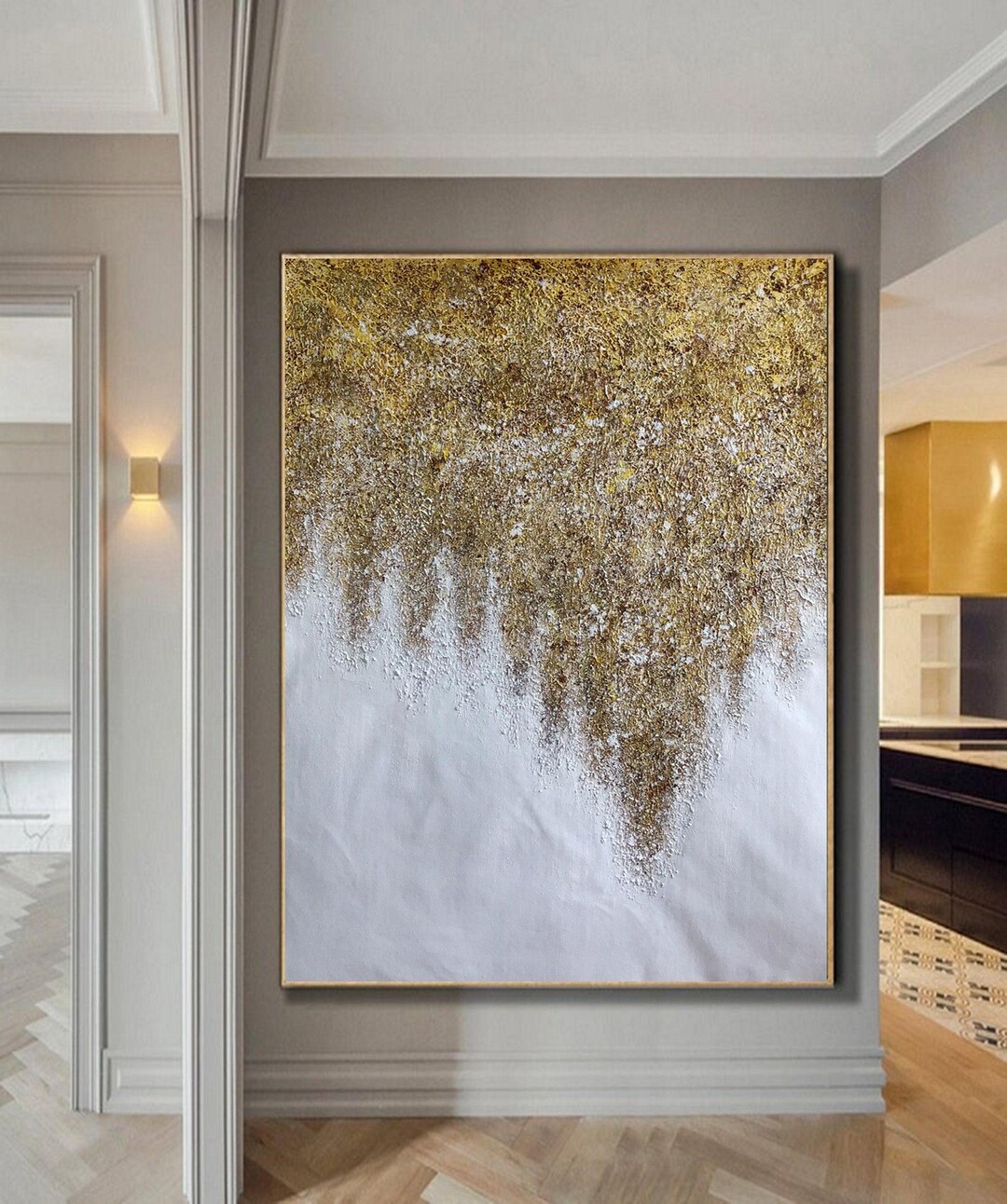 Gold Leaf Abstract Painting: Large Oil Painting Gray Modern Wall Art on ...