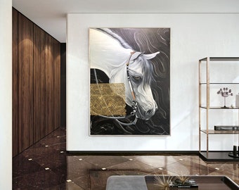 Oversized abstract paardschilderij – moderne acrylcanvas muurkunst, groot hedendaags ruiterkunstwerk W184