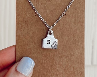 Custom Initial Cow Tag Necklace| Western Necklace| Sunflower Necklace| Handmade Jewelry