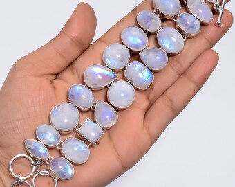 Rainbow Moonstone Bracelet 925 Sterling Silver Bracelet Moonstone Bracelet Toggle Bracelet Statement Bracelet Rainbow Moonstone Bracelet