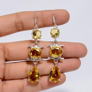 Citrine Dangle Earrings, Gemstone Summer Jewelry, Handmade 925 Sterling Silver Vintage Yellow Earring, Citrine Dangle Drop Earring