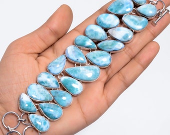 Larimar Gemstone Bracelet 925 Sterling Silver Bracelet Blue Larimar Bracelet Toggle Clasp Bracelet Statement Bracelet Valentines Day Gift