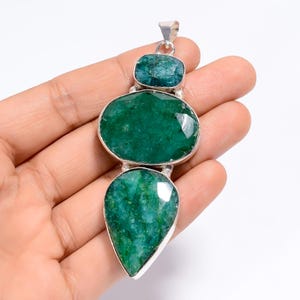 Faceted Zambian Emerald Pendant 925 Sterling Silver Pendant Real Gemstone Pendant Three Stone Pendant Gift For Her Beautiful Emerald Jewelry
