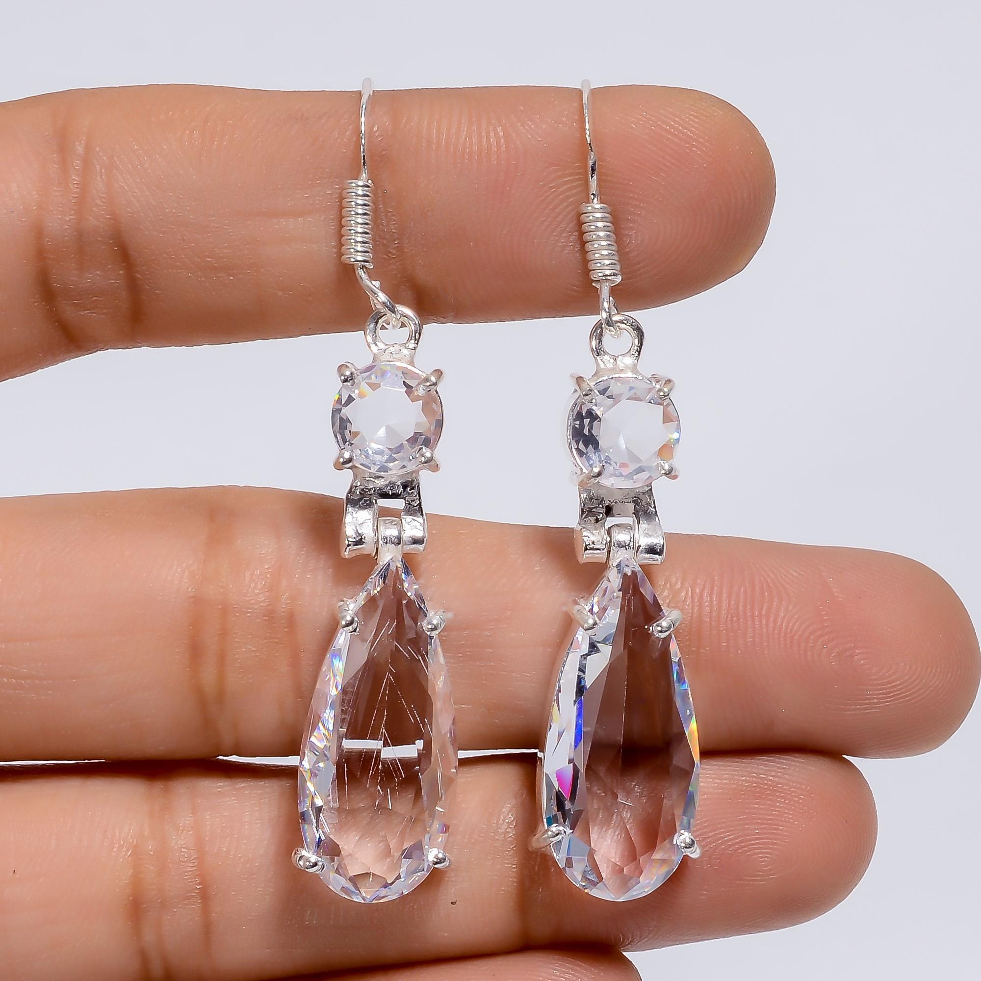 Rhinestone Teardrop Threader Dangle Earrings Sparkling Crystal CZ Tassel Drop Stud...