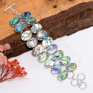 Abalone Shell Bracelet 925 Sterling Silver Bracelet Real Gemstone Jewelry Adjustable Chain Bracelet Gift For Mother Handmade Antique Jewelry