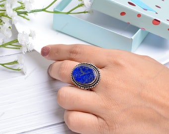Large Bohemian Oval Ring | Natural Lapis lazuli Gemstone Ring | 925 Sterling Silver Ring | Statement Ring For Woman | Birthday Gift For Mom