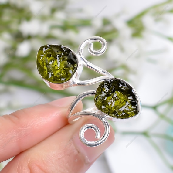 MOLDAVITE CHIP RING Raw Moldavite Sterling Silver Tektite Rare  Crystal Transformation Crystal Powerful Crystal