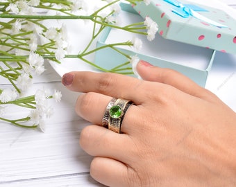 Vintage Bohemian Ring | Large Hammered Ring | Peridot Gemstone Ring | Green Gemstone Ring | Antique Designer Ring | Wide Band Spinner Ring