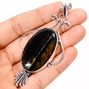 Blue Tiger Eye Pendant 925 Sterling Silver Pendant Tiger&#39;s Eye Gemstone Pendant Necklace Handmade Pendant Statement Silver Pendant Gift