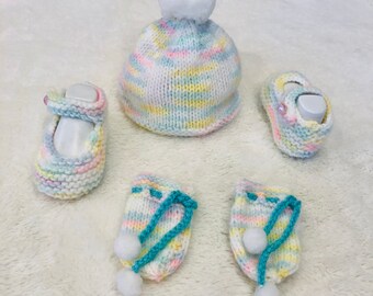 Chaussons Rainbow Baby, chapeaux et mitaines avec laine de bébé 100% acrylique