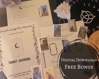 May include: A digital download for a tarot journal with a brown background and black and white illustrations. The journal includes a daily personal growth practice using your tarot deck. The text "The Manifesting Witch" and "Tarot Journal" are visible on the cover. The image also includes a single card reading worksheet and a moon spread worksheet.